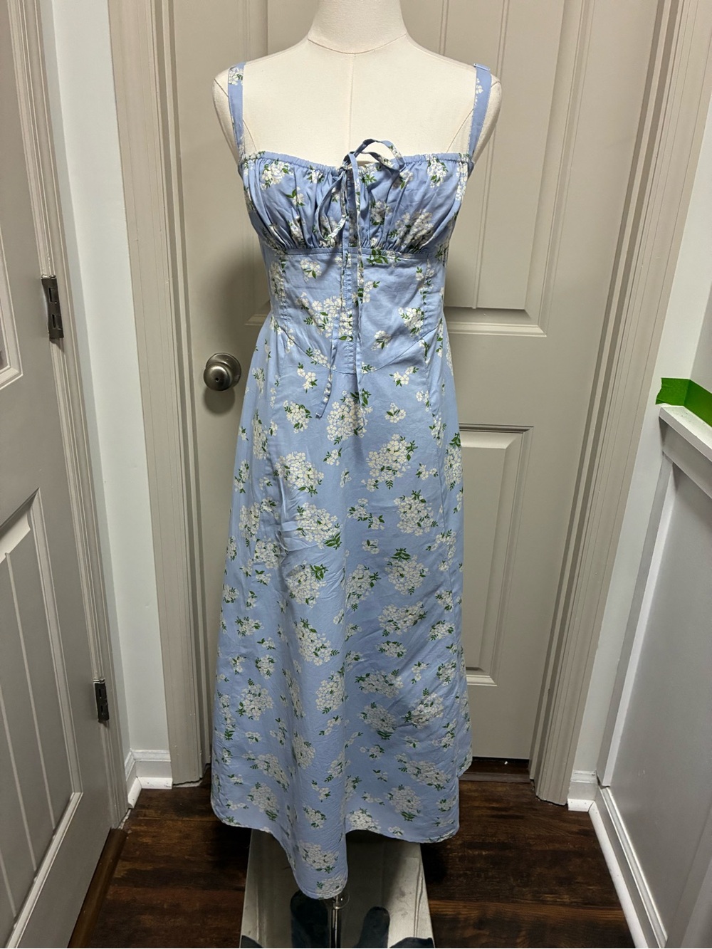 Blue Floral Midi Dress with Tie-Front Bodice